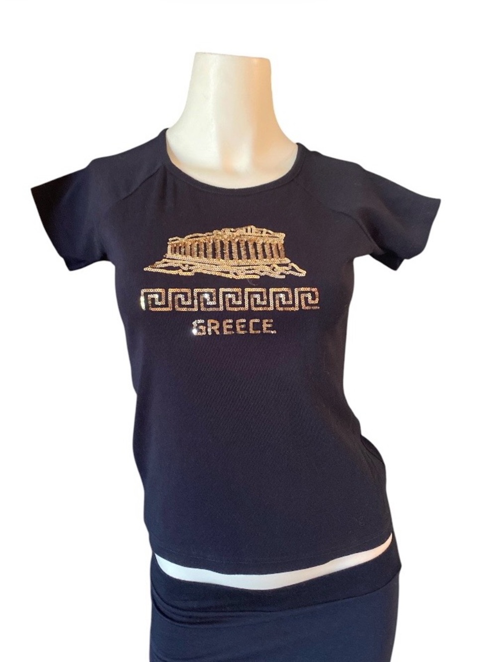 Vintage black t-shirt with a gold sequin Parthenon graphic and "Greece" text